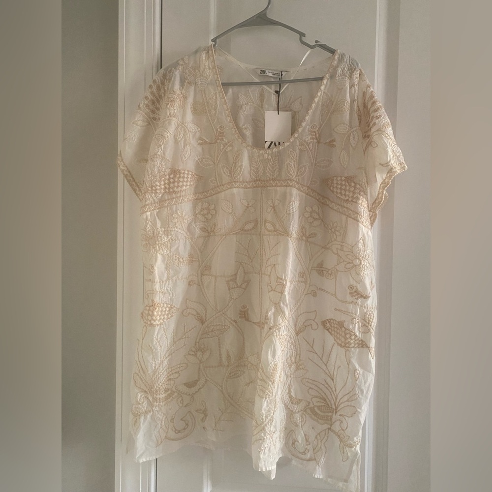 NWT Zara Size Xl Top Tunic Beige Embroidered W/Fishes & Birds SZ Xl Shirt Sleeve